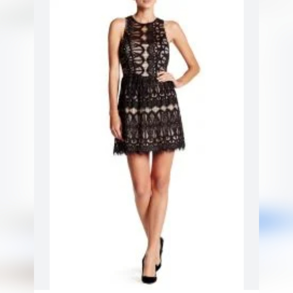 Trixxi Women's Black Beige Sleeveless Crew Neck Lace Fit & Flare Dress Size 7